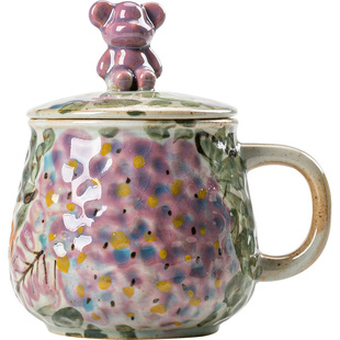 景德镇陶瓷杯美陶手绘带盖马克杯粗陶小熊茶杯中式釉下彩杯子水杯