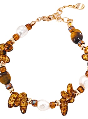 复古捷克琉璃虎眼石天然珍珠手链不规则串珠手串小众秋冬手饰品女