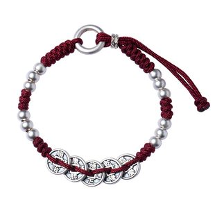 大善堂999足银五帝钱手链女款本命年国风礼物银珠红绳铜钱手串男