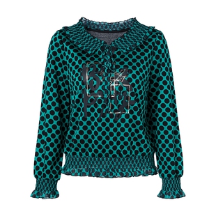 马天奴2025秋冬新款绿色波点花边领系带衬衫长袖衬衣上衣气质时尚