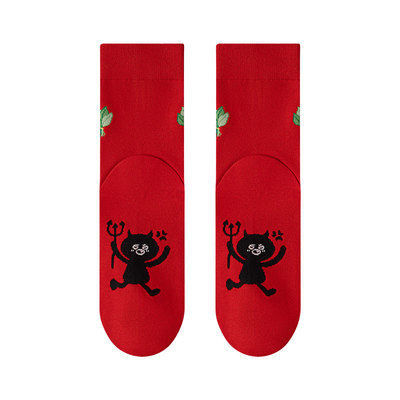 新年大红色柚子叶踩人去晦中筒袜