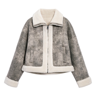 Desigual廓形斑驳仿皮毛一体仿羊毛羔翻领女士外套