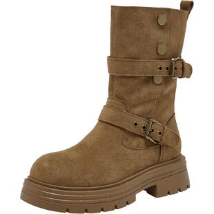 百思图2025冬季新款复古西部靴堆堆靴厚底加绒女驼色短靴BP335DZ5