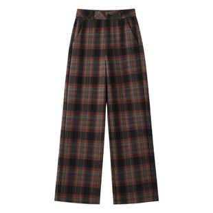 拉夏贝尔高级格子毛呢阔腿裤女秋冬2025新款休闲裤宽松显瘦直筒裤