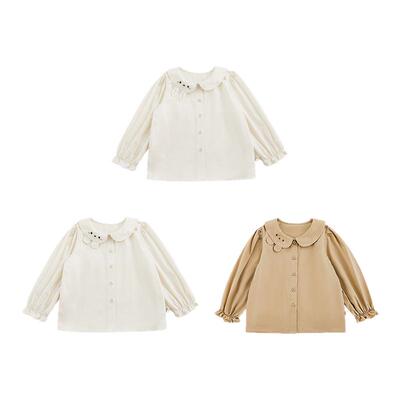 幼悠女童卡通表情马蹄领趣味娃娃衬衫春季亲肤舒适木耳边百搭上衣