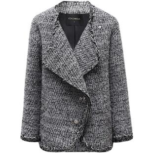COCOBELLA小香风微廓形粗花呢通勤西装女气质荡领毛呢外套WL3105