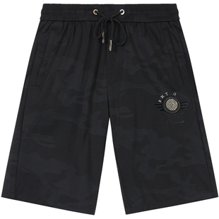 BM迷彩暗纹欧洲站潮牌裤子男冰丝5分短裤男士夏季沙滩裤徽章刺绣