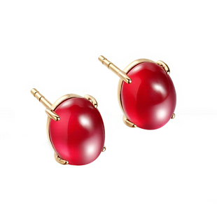 若华珠宝知己=素面红宝石耳钉女正品黄18K金彩宝镶嵌耳环礼物定制