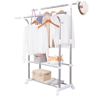 家用落地室内晾衣架不锈钢多功能折叠双杆式移动挂衣架阳台晾衣杆