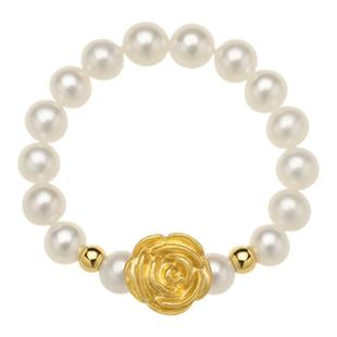 老凤祥官方黄金玫瑰花戒指999足金珍珠弹力绳指环生日礼物送女友