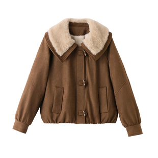 加绒加厚羊羔毛领短外套女2025冬季新款保暖宽松减龄皮毛一体棉服