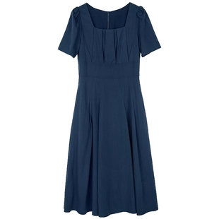 拉维妮娅夏新款修身高腰长裙纯色高腰淑女气质法式方领连衣裙