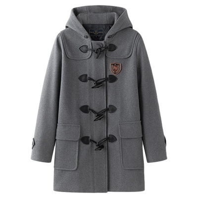 小个子灰色日系毛呢连帽外套中长