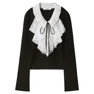 SNIDEL2025秋冬新品优雅翻领蕾丝荷叶领系带针织衫上衣SWNT255124