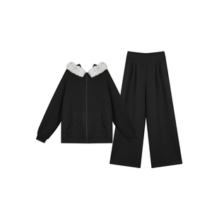 安妮不火 爆闪烫钻毛领加绒卫衣长裤套装女微胖大码保暖两件套装