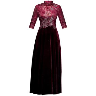 婚礼妈妈装金丝绒旗袍连衣裙长款婚宴喜婆婆岳母新式春秋加厚礼服