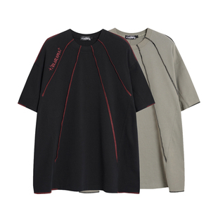BLUREMO/模糊情绪2026春季新款美式嘻哈撞色立体线条字母短袖T恤