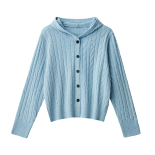 【100%绵羊毛】气质新款连帽毛衣单排扣麻花细羊毛针织衫秋冬外套