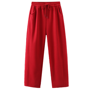 大码冬装新款加绒加厚松紧腰直筒裤女宽松显瘦休闲裤弯刀阔腿裤