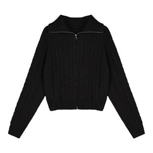 pusumede 巴黎橱窗 翻领麻花毛衣开衫外套女短款气质拉链针织上衣