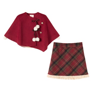 织物猪 甜樱布朗尼 甜美风红色斗篷外套女冬加绒跨年穿搭披肩上衣