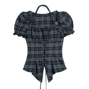 SagiDolls少女斗志 #格林之森#复古绿格挂脖不规则下摆衬衫修身夏