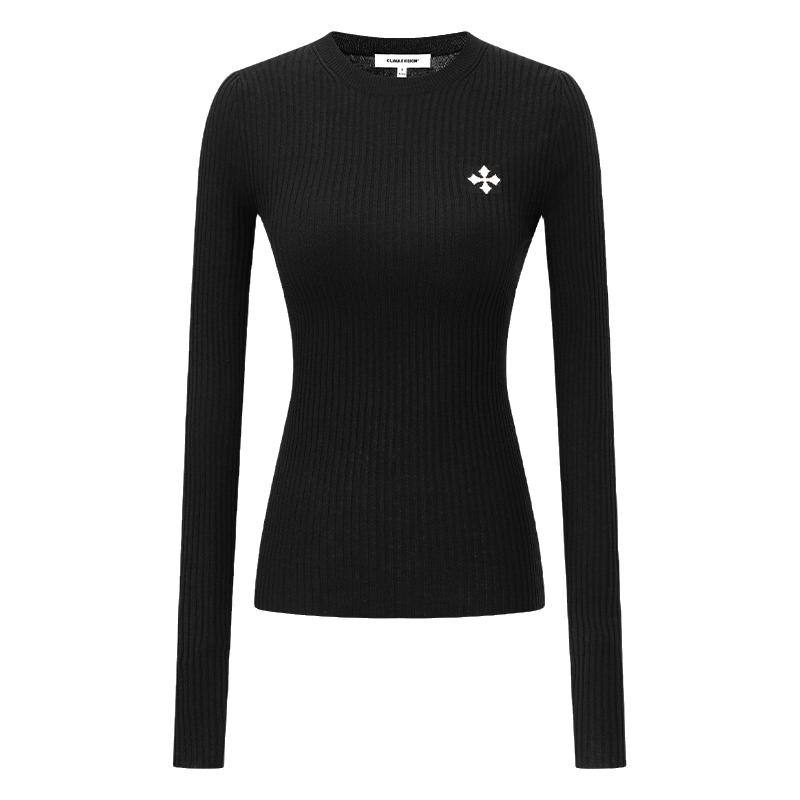 CLIMAX VISION可机洗绵羊毛粗坑条弹力针织打底衫女十字提花长袖