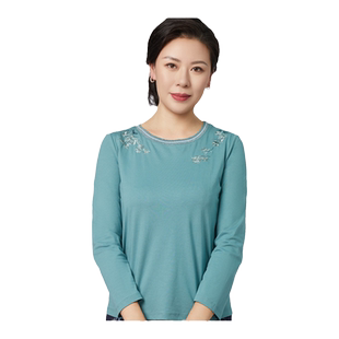 葵牌中老年t恤女长袖打底衫国风刺绣妈妈装女装秋新款休闲上衣