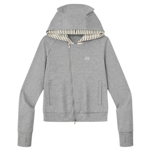 PSO Brand女装假两件条纹连帽灰色卫衣女款修身上衣斜拉链外套