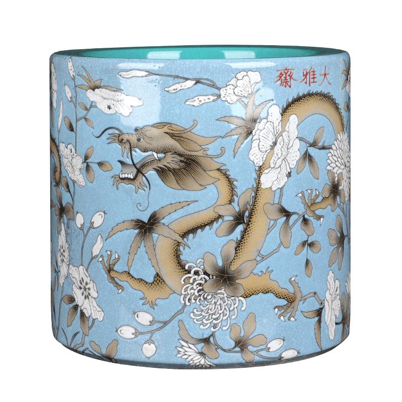 黄地双龙纹斗彩大笔筒陶瓷器
