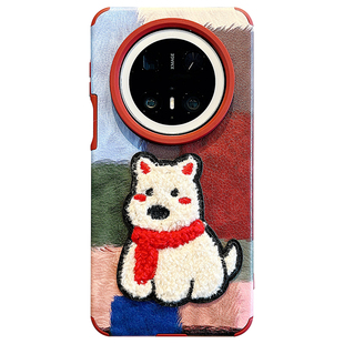 适用华为Mate80ProMax手机壳彩色涂鸦方块Mate70pro刺绣红围巾小狗mate60pro链条挂绳mate50/40pro防摔男女款