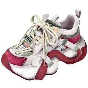 四起哥2026春夏新款老爹鞋女真皮休闲鞋厚底拼色系带厚底网纱透气