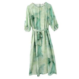 一丝牵 真丝绿色水墨画连衣裙女桑蚕丝双绉a字裙显瘦长裙法式裙子