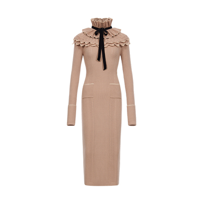 系带优雅针织立领连衣裙