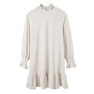 云分子原创春秋森女日系高领白色连衣裙女秋灯芯绒长袖荷叶边短