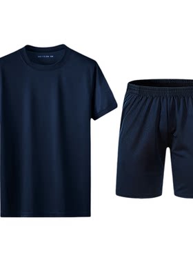 夏藏蓝色短袖新款圆领体能服套装