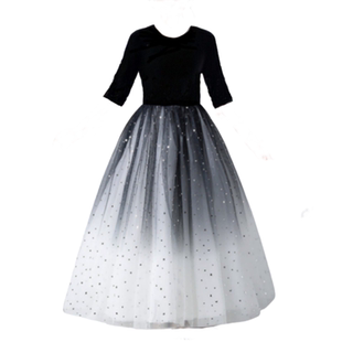 儿童礼服渐变黑色圆领长裙女童高端洋气中袖丝绒主持人钢琴演出服