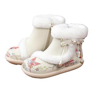 汉服鞋女童冬季新款中式雪地靴子古风手工加绒棉鞋拜年儿童绣花鞋