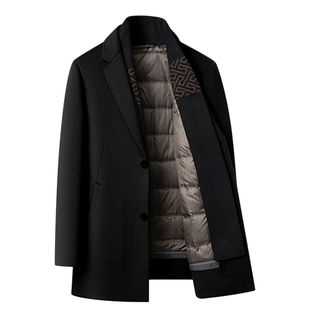 羊毛呢子大衣男士中长款西装领黑色羽绒内胆男装外套冬新款双面呢