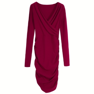 交叉V领性感连衣裙收腰修身显瘦秋冬褶皱加绒打底紧身包臀裙子女