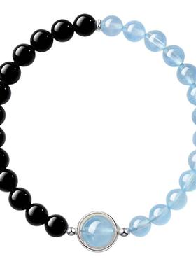 【黑曜石海蓝宝】招财好运手串