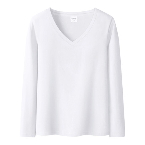 春秋新款白色v领长袖t恤女薄款弹力修身显瘦内搭打底衫纯棉上衣
