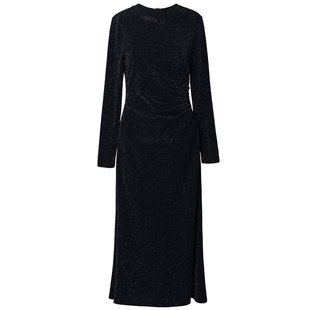 罗衣亮丝长袖连衣裙女内搭黑色显瘦修身打底针织长裙13026