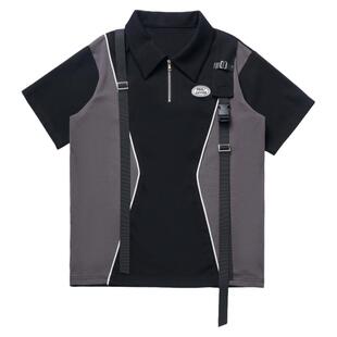 pinksavior【风涧】夏季休闲翻领拼接字母刺绣青春感短袖套装清凉