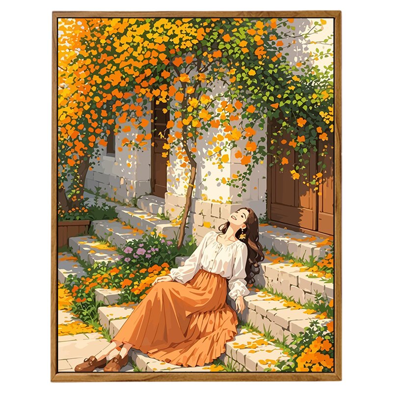 秋天花园少女风景装饰画现代简约