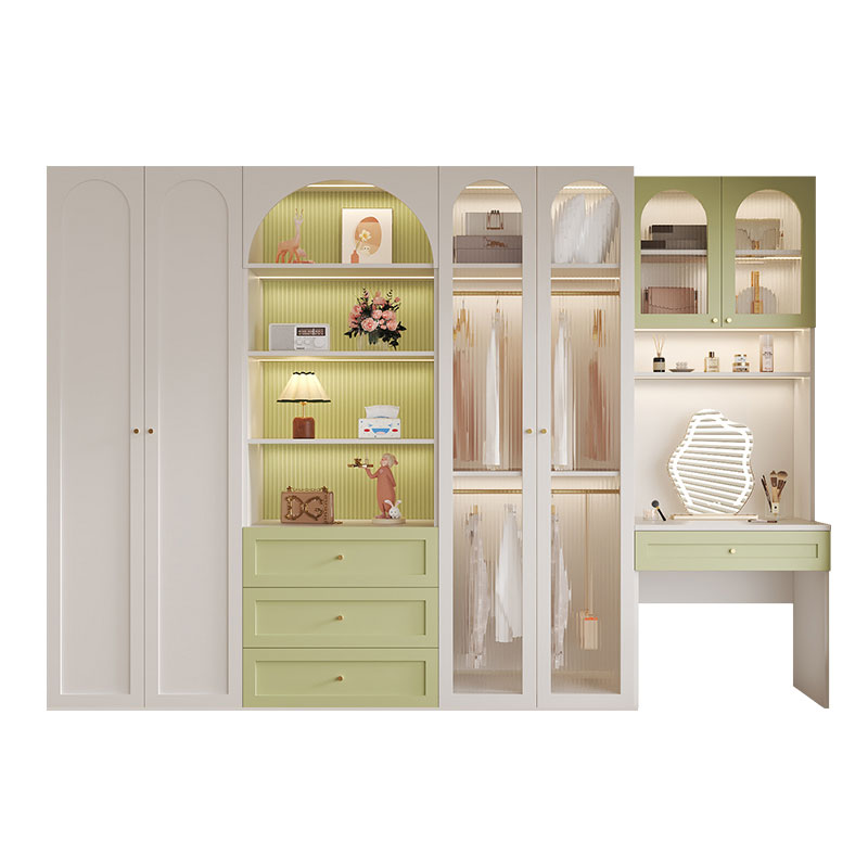 美式田园奶油风梳妆台衣柜一体平开门大容量卧室化妆桌储物柜定制