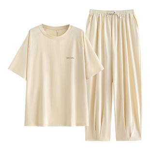 悦内带胸垫睡衣女款夏季夏天莫代尔短袖长裤家居服冰丝凉感可外穿
