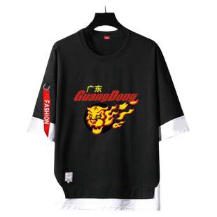 广东宏远新疆浙江辽宁山东男篮球队衣服假两件5五分袖男短袖t恤衫