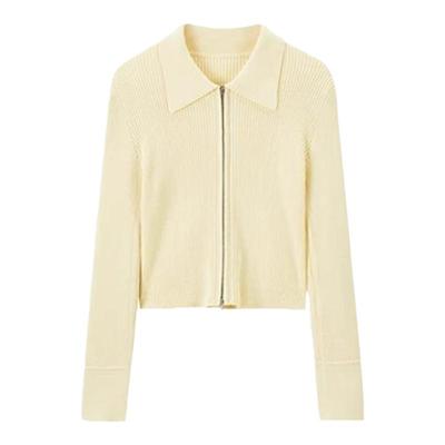 太平鸟绵羊毛翻领气质打底针织线开衫女春季新款小鸡黄拉链毛上衣