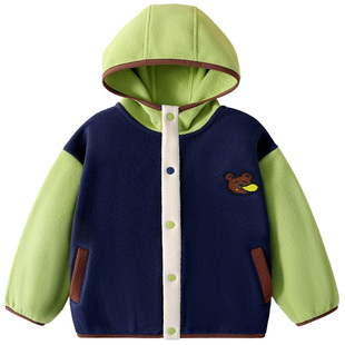 MQDmini男童摇粒绒外套2026春季新款女童连帽春装宝宝加绒上衣服